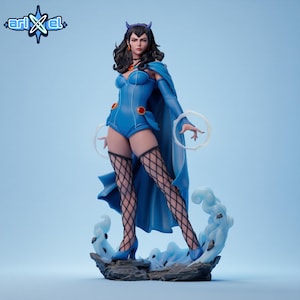 May include: A blue figurine of a female character with black hair, wearing a blue bodysuit, cape, and fishnet stockings. The figure has a stern expression and is posed on a rocky base with stylized water effects. The Arikel logo is in the top left corner.