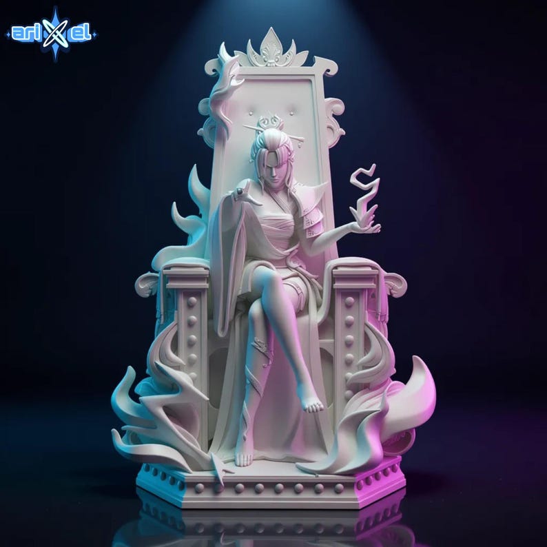 Front view of Azula 3D model seated on throne with elegant details.
