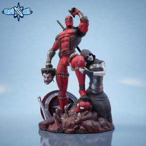 May include: A detailed figurine featuring Deadpool in a red and black suit, holding Wolverine's severed head. A female figure in a dark outfit and Spider-Man's head are also present. The base includes a shield and a hammer.