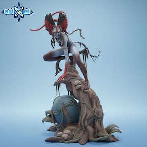May include: A detailed figurine of a humanoid figure with red and black accents, posed atop a tree-like structure with a blue orb. The figure has a fierce expression and is in a dynamic pose, with a light blue background.