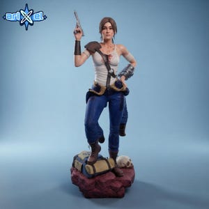 May include: A detailed figurine of a woman in combat attire, holding a pistol. She wears a white tank top, blue jeans, and combat boots. The figure stands on a red rock base with a skull and a duffel bag. The figure has a determined expression.
