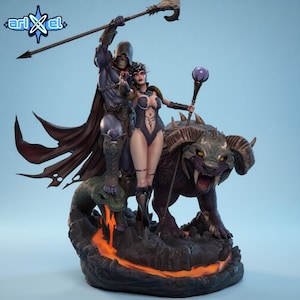 以下が含まれることがあります： マスターズ・オブ・ザ・ユニバースのスケルターとイビル・リンをフィーチャーした詳細な像。フード付きのマントを着たスケルターは杖を持ち、イビル・リンは杖を振りかざし、獣の上に立っています。ベースには溶岩の効果があり、像は青い背景を持っています。