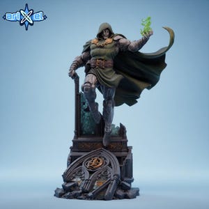 May include: A detailed figurine of Doctor Doom, a Marvel Comics supervillain, stands on a gothic-style base. He wears a green cloak, metal armor, and a mask. The figure holds a green energy effect in one hand. The Arxel logo is in the upper left corner.