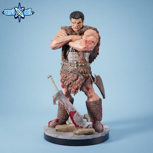 May include: A detailed figurine of a muscular warrior with a large sword. The figure is clad in fur and leather armor, with blood-like markings. The sword rests on the ground, also with blood-like markings. The figurine is on a round base.