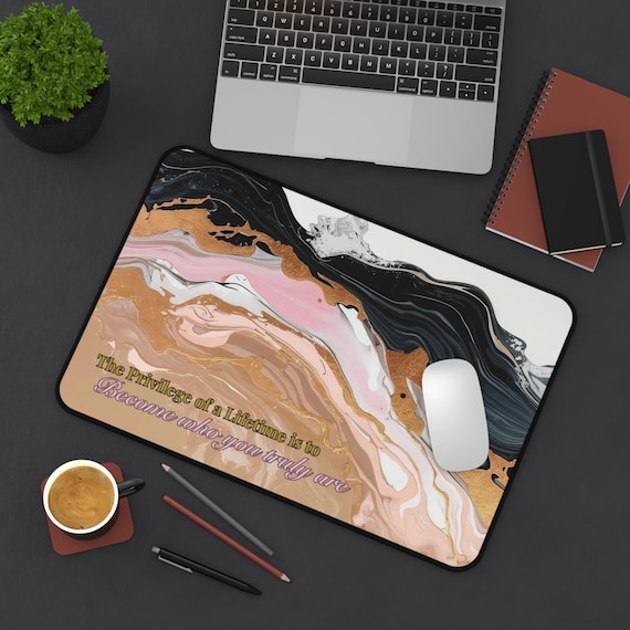Blush Pink & Gold Marble Desk Mat – Inspirational Workspace, Non-Slip Pad Tech Accessory