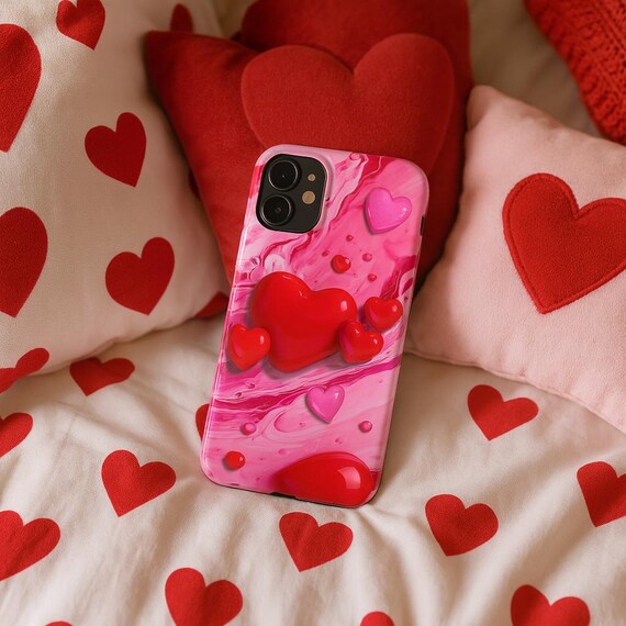 Floating Red Hearts iPhone Case, Pink Valentine's Day Pattern Tech Accessory