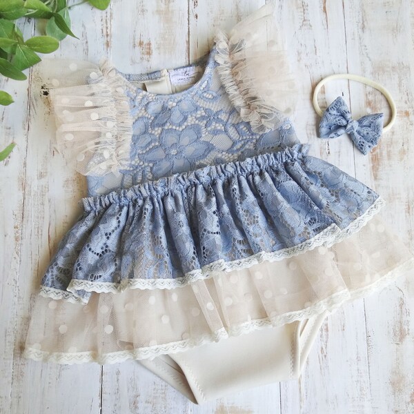 Blue Sitter Outfit For Photography Session, Girl Lace Smash Cake Photo Prop Romper, Made To Order