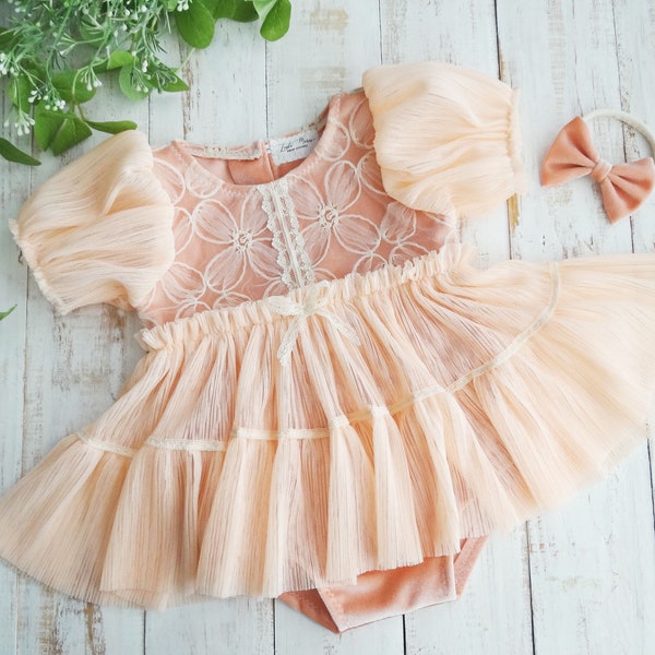 Peach Photography Prop Romper Outfit, Sitter Girl Baby Dress For Photo Session, Made To Order