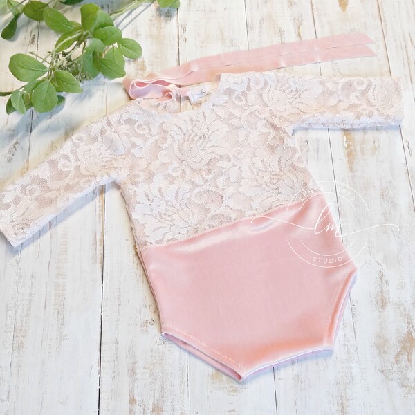 Pink Lace Romper Photography Prop, 3, 6-9 Or 9-12 Month Size Baby Girl Photo Outfit, Long Sleeve Leotard Lace and Velvet, Made To Order