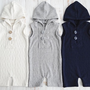 Boy Sitter Romper Photo Prop, Smash Cake Baby Photography Prop Outfit, Cream, Gray Or Navy Blue Hoodie Overall, Made To Order