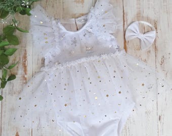 Winter Photo Prop Romper With Snowflakes And Stars, White Sitter Baby Girl Velvet Dress For Photography Session, Made To Order