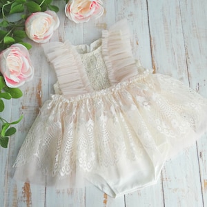 Cake Smash Photo Prop Romper Outfit Ivory Lace With Blush Pink Tulle, Sitter Baby Dress For Photography Session