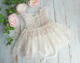 Smash Cake Photo Prop Romper Outfit Ivory Lace With Blush Pink Tulle, Sitter Baby Dress For Photography Session, Made To Order