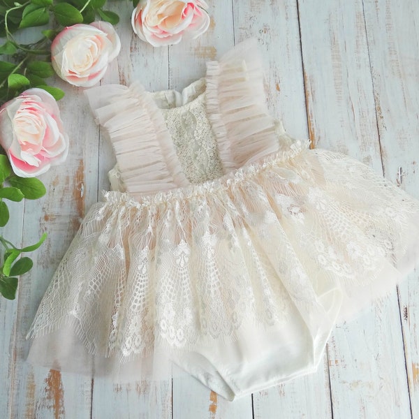 Smash Cake Photo Prop Romper Outfit Ivory Lace With Blush Pink Tulle, Sitter Baby Dress For Photography Session, Made To Order