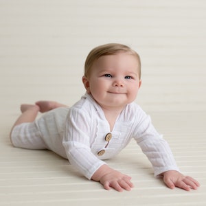 Sitter Boy Photography Prop Long Sleeve Outfit, White Hoodie Overall Romper For Photo Session, Made To Order