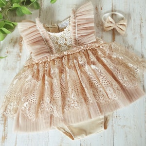 Lace Photo Prop Romper Outfit Beige And Champagne, Sitter Girl Baby Dress For Photography Session, Made To Order