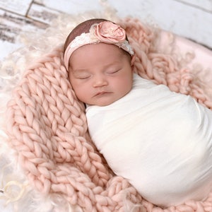 Pink Chunky Blanket Layer For Newborn Photography Session, Wool Knit Photo Prop 17&quot;x18&quot;