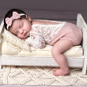 Newborn Romper With Lace For Photography, Pink and Ivory Baby Girl Photo Prop Bodysuit Outfit, Made To Order