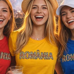ROMÂNIA text design T-Shirt, Romania flag pattern, travel pride tee