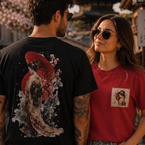 Japanese Geisha T-Shirt | Elegant Kimono & Sakura Back Print, Vintage Japan Aesthetic Minimal Front Pocket Patch, Unisex Graphic Shirt