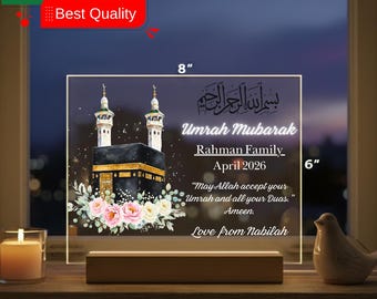 Personalized Umrah Mubarak LED Night Light, Kaaba & Medina Art