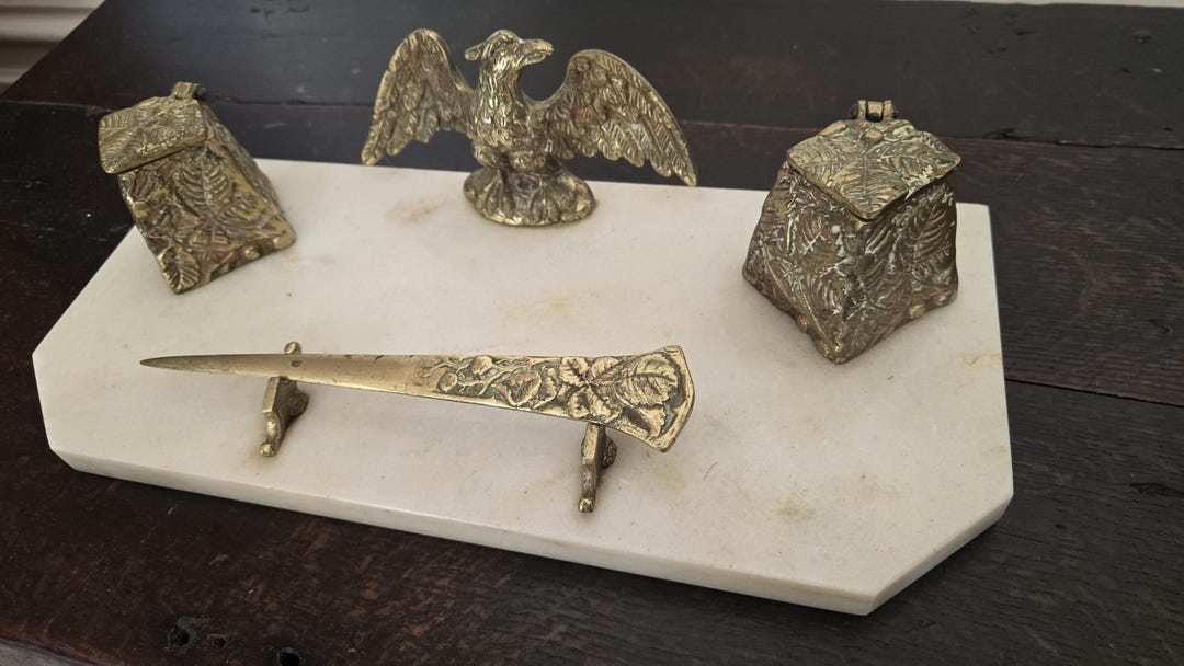 Antique Desk Set in Marble and Brass With Double Inkwell and Letter ...