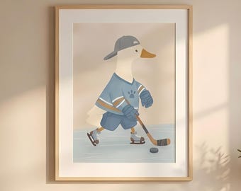 Silly Goose Hockey Print, Whimsical Nursery Wall Art, Cottage Sports Decor (Digital Download)