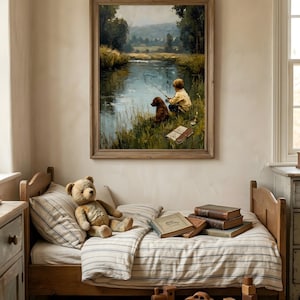 Vintage Boy Fishing with Dog Art Print | Lakeside Cabin Nursery Wall Decor (Digital Download)