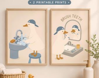 Silly Goose Bathroom Prints, Kids Routine Wall Art (Digital Download)