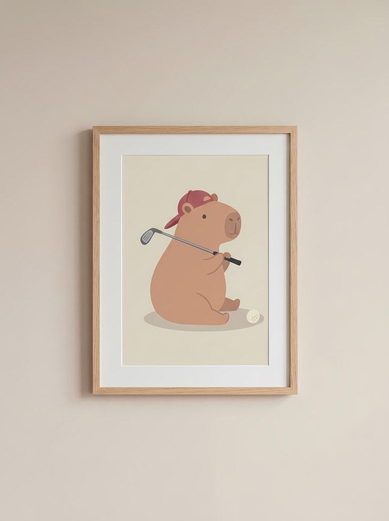 Golfing Capybara Nursery Print, Pastel Animal Wall Art, Digital Download image 6