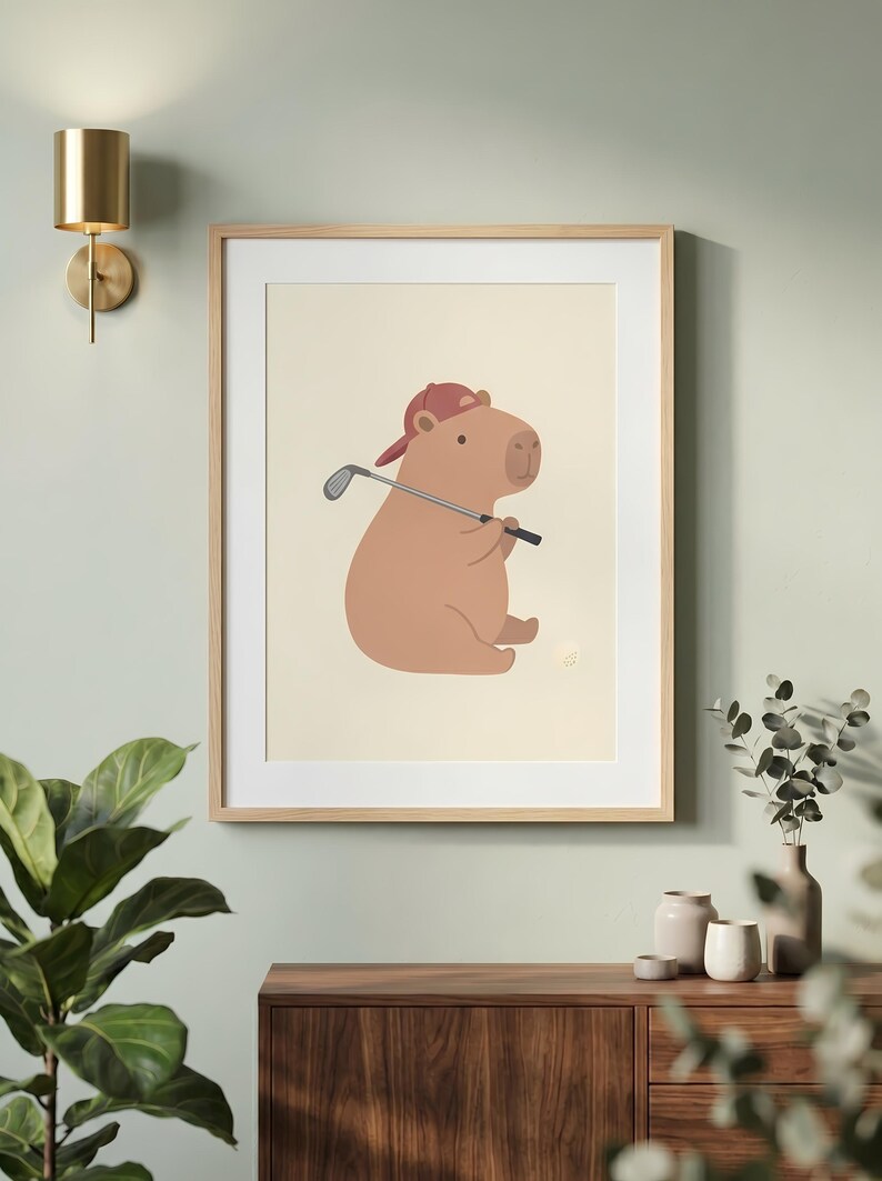 Golfing Capybara Nursery Print, Pastel Animal Wall Art, Digital Download image 4