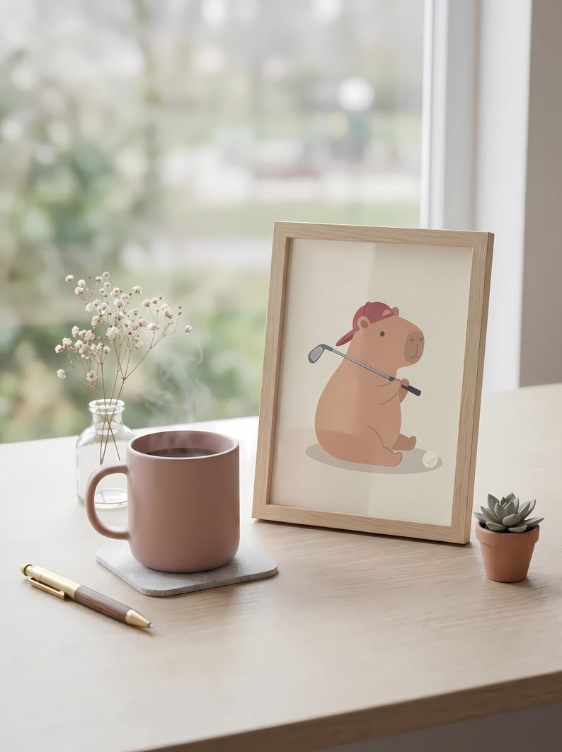 May include: A framed print of a cartoon capybara in a red hat, holding a golf club. A pink mug with a hot drink sits on a coaster, next to a pen and a small potted succulent. The scene is set on a wooden table.