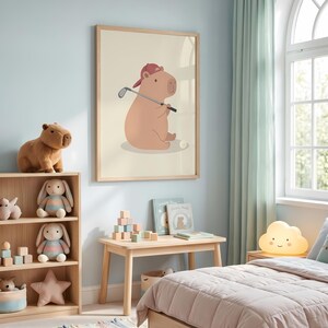 Golfing Capybara Nursery Print, Pastel Animal Wall Art, Digital Download image 11