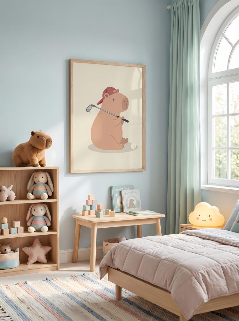 Golfing Capybara Nursery Print, Pastel Animal Wall Art, Digital Download image 11