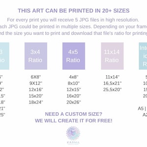 May include: Informational graphic with text: "THIS ART CAN BE PRINTED IN 20+ SIZES." Lists print sizes in inches and cm, including 4x6", 6x8", 4x8", 11x14", and 5x7". Also includes text about receiving 5 JPG files and custom sizes.