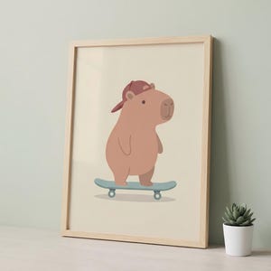 Skateboard Capybara Print, Minimalist Pastel Animal Art (Digital Download)