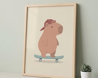 Skateboard Capybara Print, Minimalist Pastel Animal Art (Digital Download)