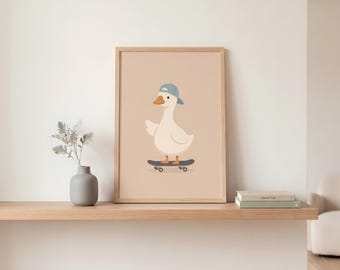 Silly Goose Nursery Print: Playful Skateboard Animal Art (Digital Download)