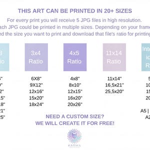 The image is a promotional poster for a company that offers print options in various sizes, including 2x3, 3x4, 4x5, and 11x14. The poster emphasizes that each print will receive 5 high-resolution JPG files, and customers can choose the size they want to print and download the file's ratio for printing. The company also offers custom sizes, and they will create the print for free.