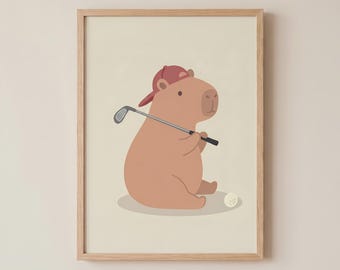 Golfing Capybara Nursery Print, Pastel Animal Wall Art, Digital Download