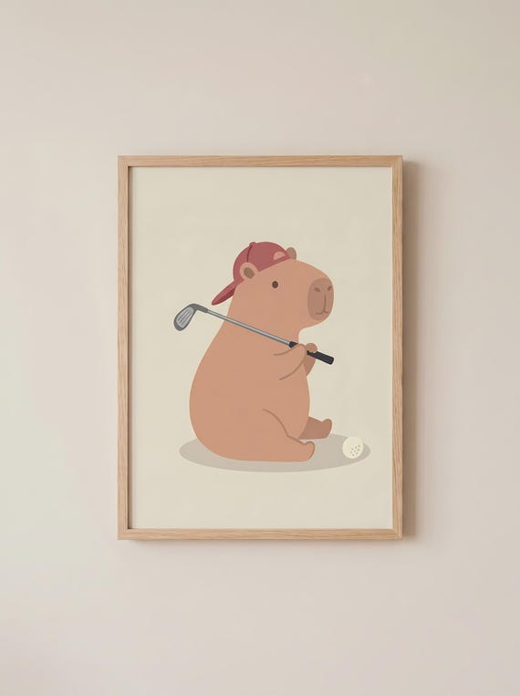 Golfing Capybara Nursery Print, Pastel Animal Wall Art, Digital Download