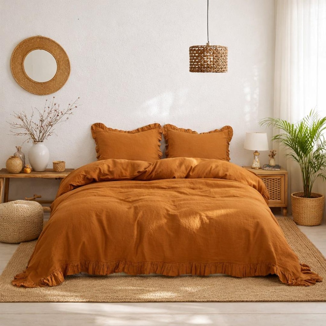Cinnamon Linen Ruffle Duvet Cover Set, French Country Bedding - Etsy