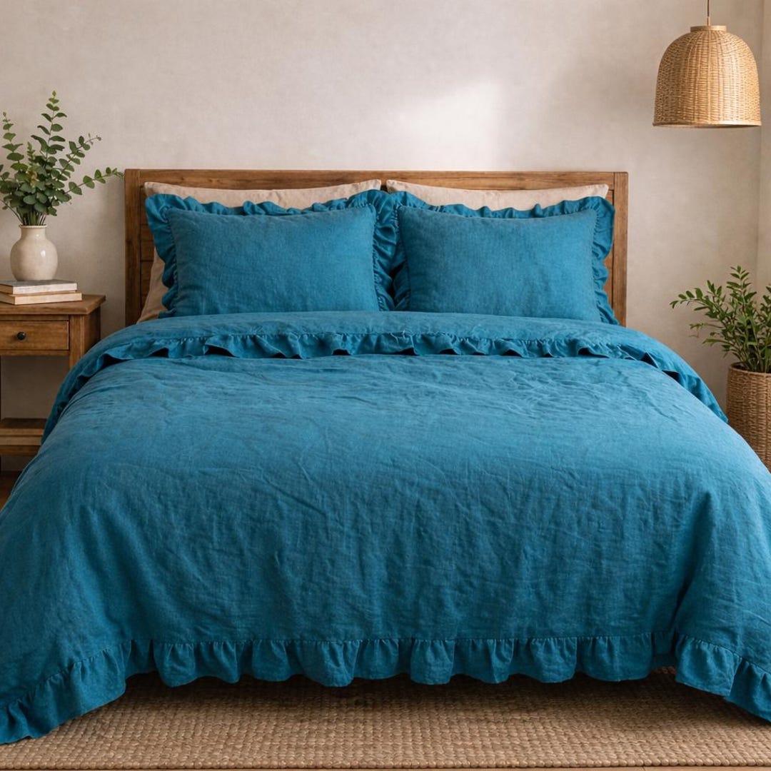 Teal Blue Ruffled Linen Duvet Cover Set With Boho Ruffle Comforter ...