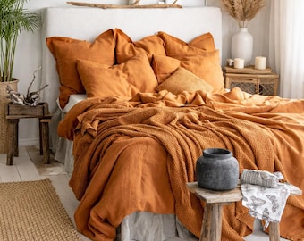 tobacco colored duvet cover Rust Linen Duvet Cover Cinnamon Bedding Set With Two Pillowcases - 3pc