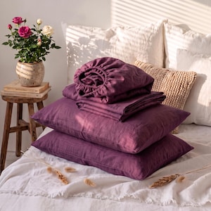 4 Pcs Linen Sheet Set in Plum. Fitted Sheet, Flat Sheet & 2 Pillowcases in King Queen Full Double Twin XL bed size , Linen Sheet Set