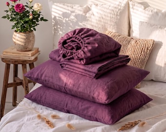 4 Pcs Linen Sheet Set in Plum. Fitted Sheet, Flat Sheet & 2 Pillowcases in King Queen Full Double Twin XL bed size , Linen Sheet Set