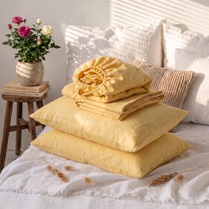 4 PCS Linen sheet set. Washed soft linen twin, double, queen, king bedding in Pastel Yellow. Yellow fitted sheet,flat and pillow set.