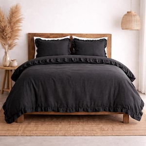 Zwart linnen dekbedovertrek met ruches, zacht gewassen beddengoedset, boho handgemaakte dekbedovertrek met ruches, beddengoedset boerderij rustieke slaapkamer decor