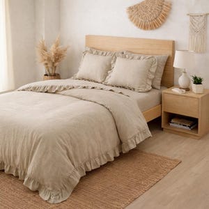 Natural Linen Duvet Cover with Ruffles Boho Bedding Set, Soft Washed Linen Comforter Cover, Rustic Bedroom Decor  Hidden Zipper Closure