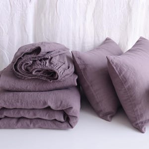Juego de sábanas de lino color uva. Sábana bajera, sábana encimera, 2 fundas de almohada. Juego de ropa de cama 100% lino francés. Tamaños disponibles: Queen, King, Full, Twin. Tamaños personalizados.